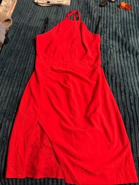 bebe Red Halter Midi Dress with Side Slit